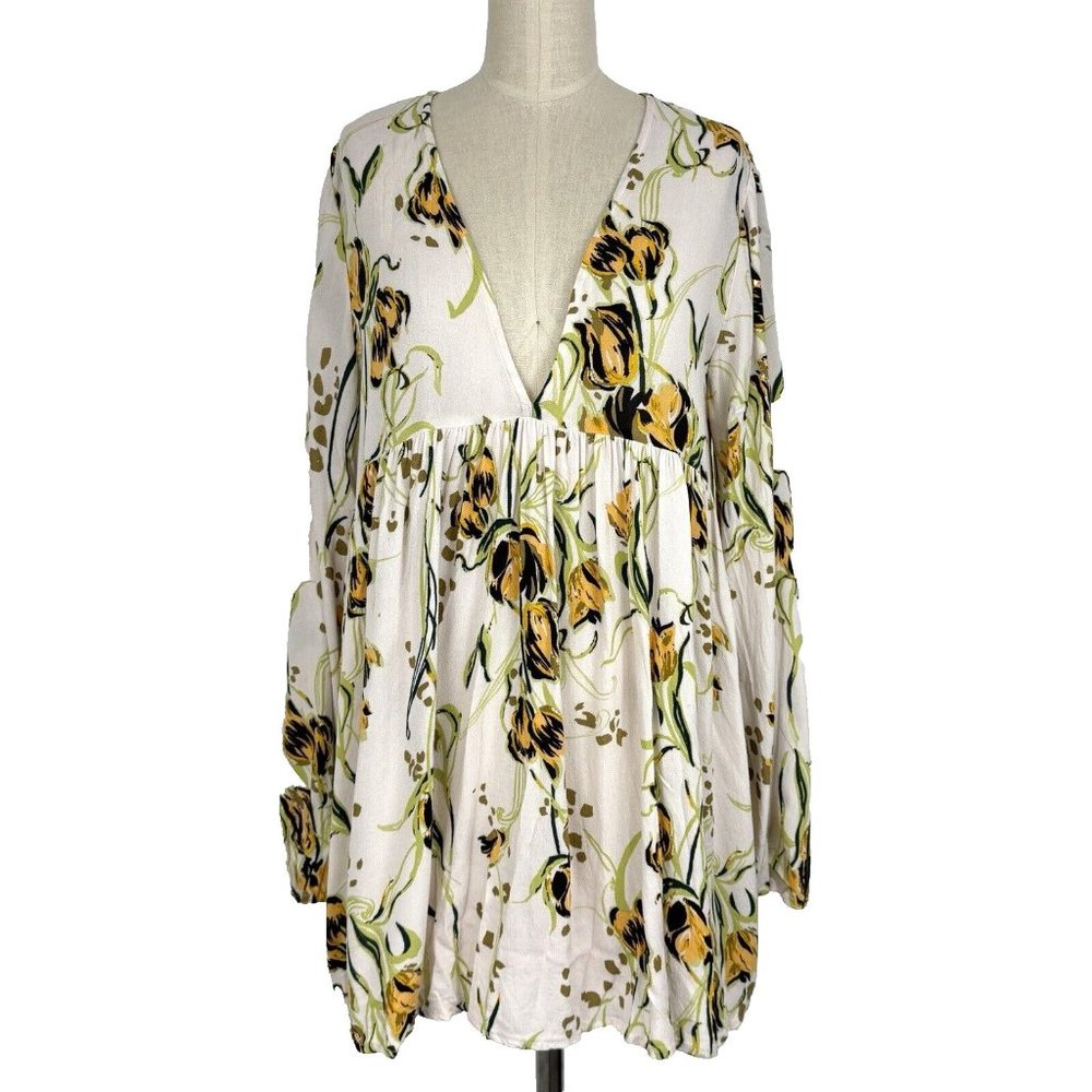 Free People White Tunic with Yellow and Green Floral Print